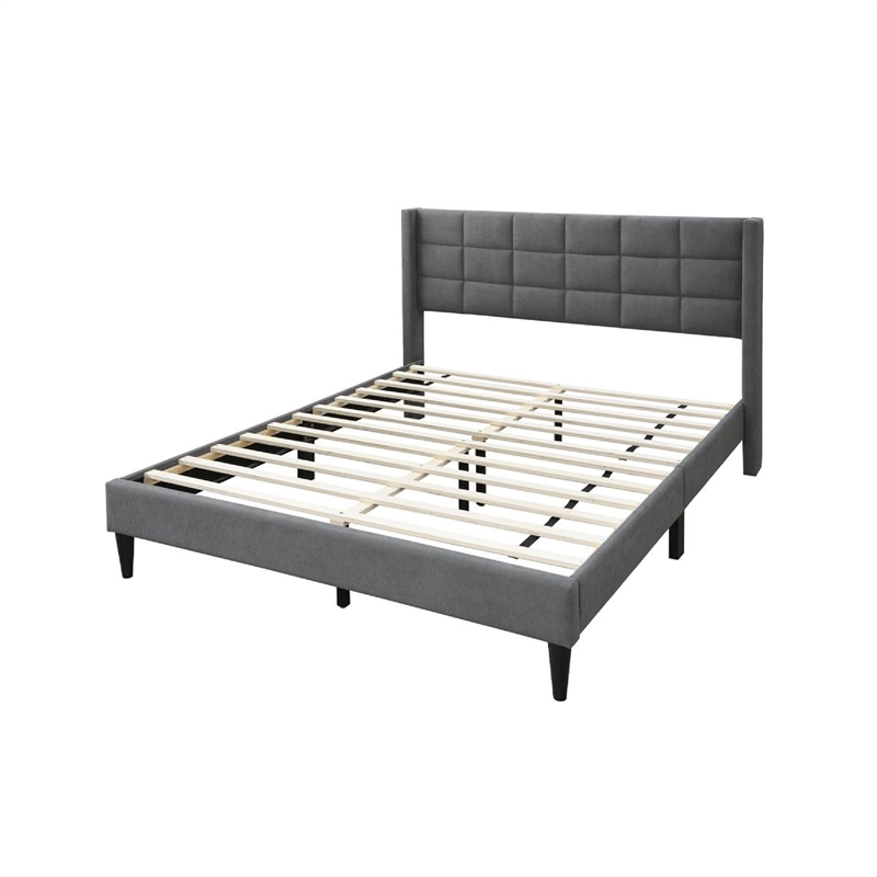 Meno Queen Size Bed- Square Stitched Slate Gray Linen Upholstery