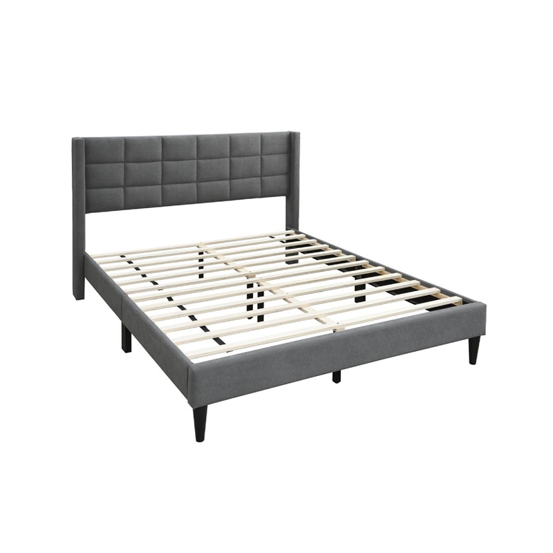 Meno Queen Size Bed- Square Stitched Slate Gray Linen Upholstery