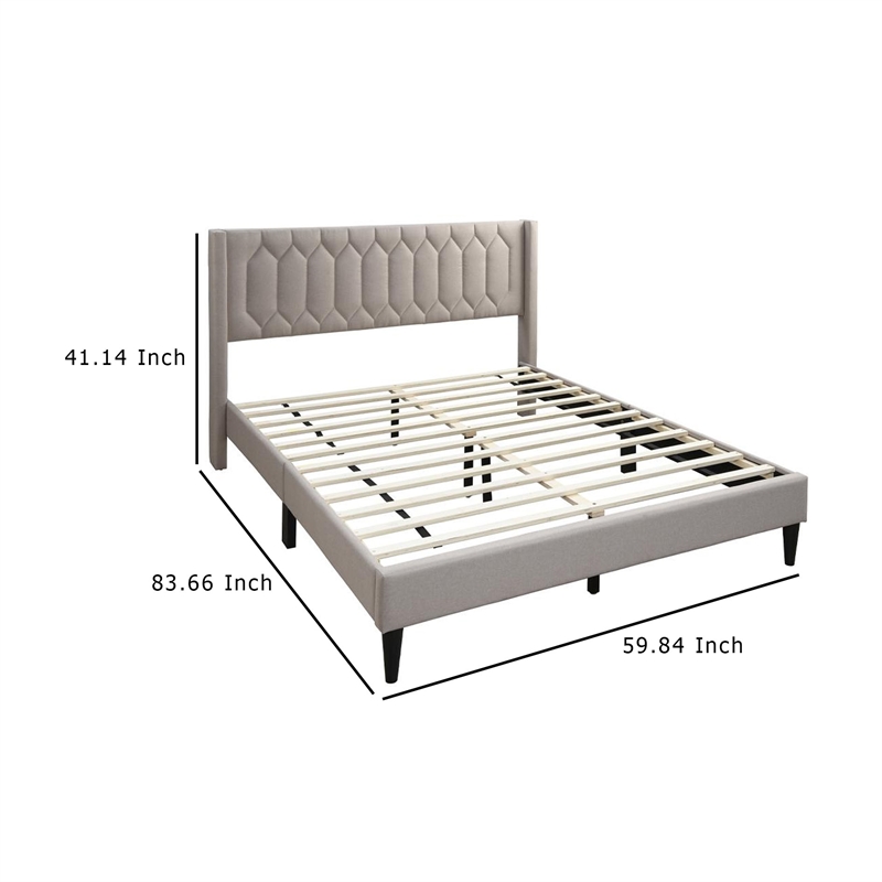 Jeo Queen Size Bed- Geometric Stitched Light Brown Burlap Upholstery