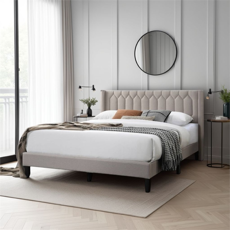 Jeo Queen Size Bed- Geometric Stitched Light Brown Burlap Upholstery