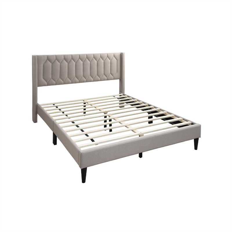 Jeo Queen Size Bed- Geometric Stitched Light Brown Burlap Upholstery