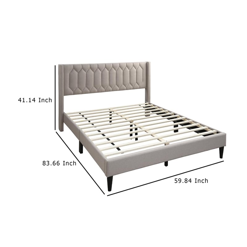 Jeo Queen Size Bed- Geometric Stitched Light Brown Burlap Upholstery