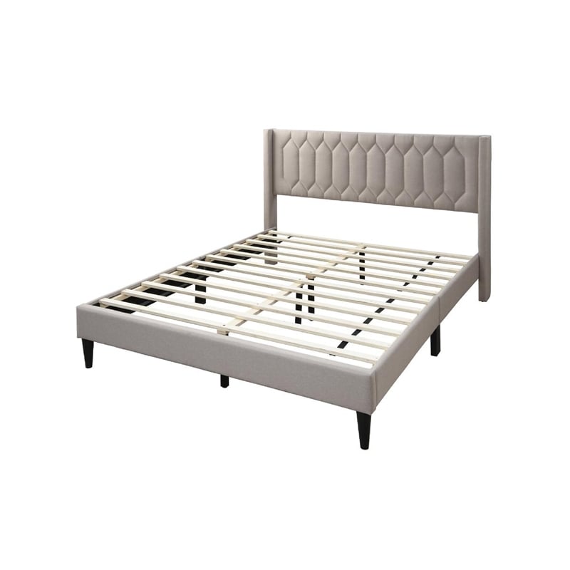 Jeo Queen Size Bed- Geometric Stitched Light Brown Burlap Upholstery