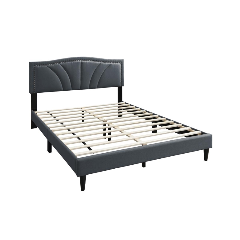 Reo Queen Size Bed- Charcoal Gray Burlap Upholstered Curved Headboard