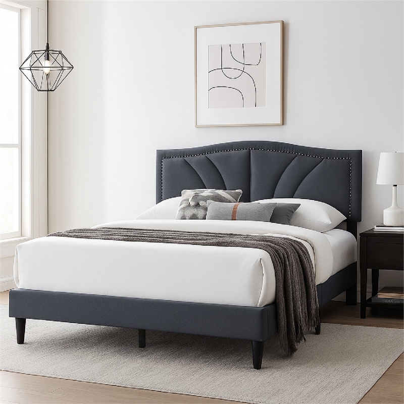 Reo Queen Size Bed- Charcoal Gray Burlap Upholstered Curved Headboard