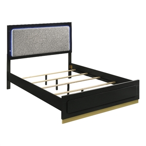 Caer King Size Bed- LED Panel Tall Headboard- Gray Upholstery- Black Okume