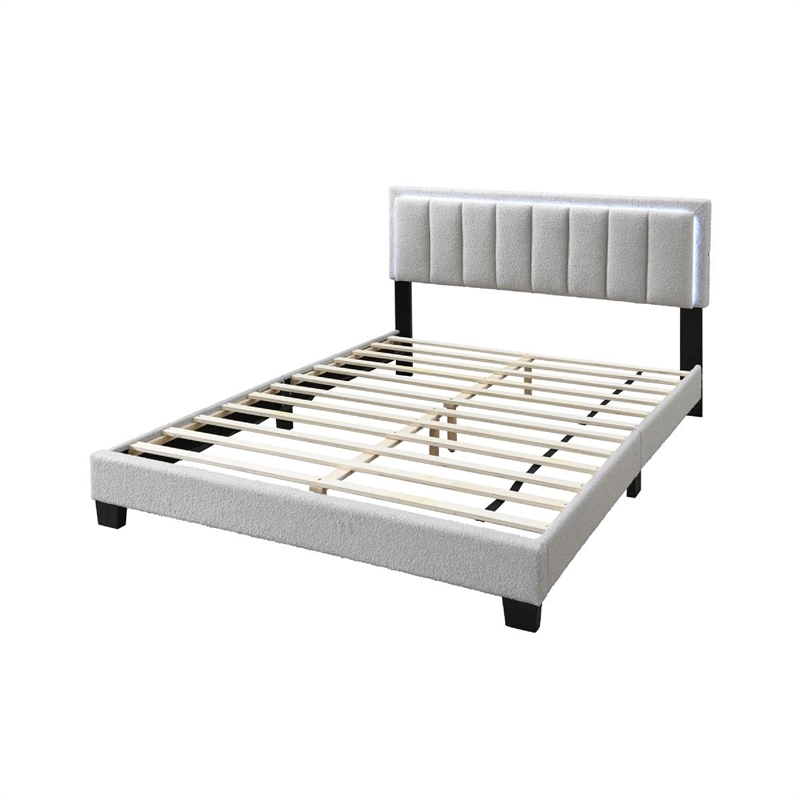 Zemo Queen Size Bed- LED Headboard- Tufted Light Gray Wool Upholstery