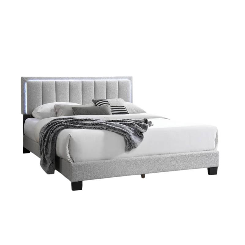 Zemo Queen Size Bed- LED Headboard- Tufted Light Gray Wool Upholstery
