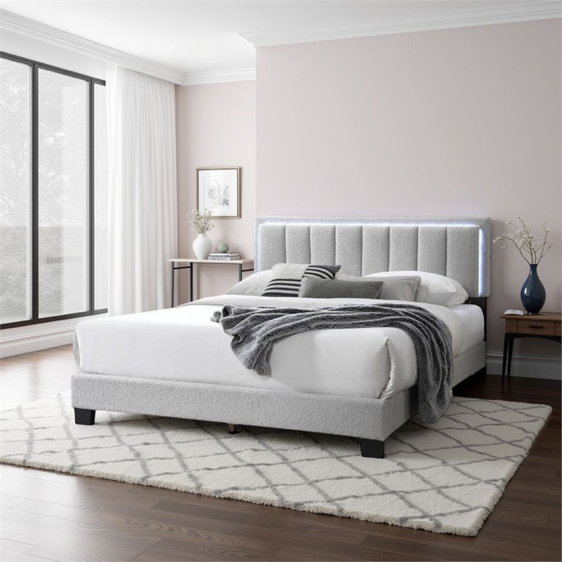 Zemo Queen Size Bed- LED Headboard- Tufted Light Gray Wool Upholstery