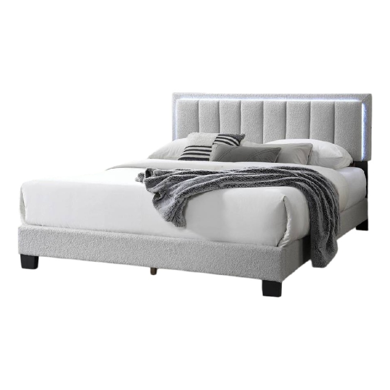 Zemo Queen Size Bed- LED Headboard- Tufted Light Gray Wool Upholstery