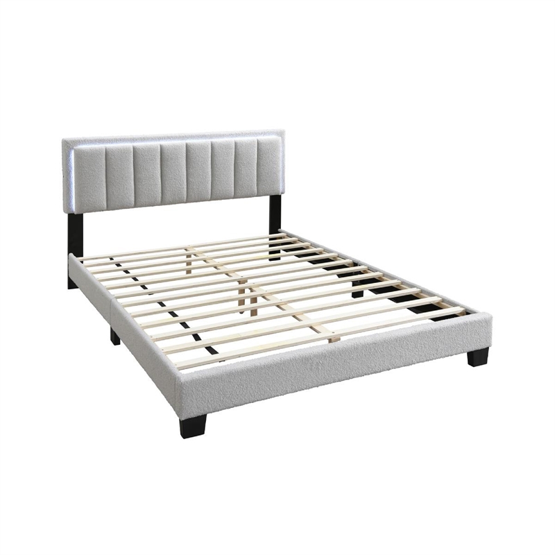 Zemo Queen Size Bed- LED Headboard- Tufted Light Gray Wool Upholstery