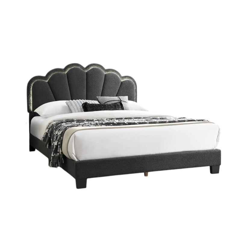 Geny Queen Size Bed- Charcoal Gray Wool Upholstery and LED- Glam Arch