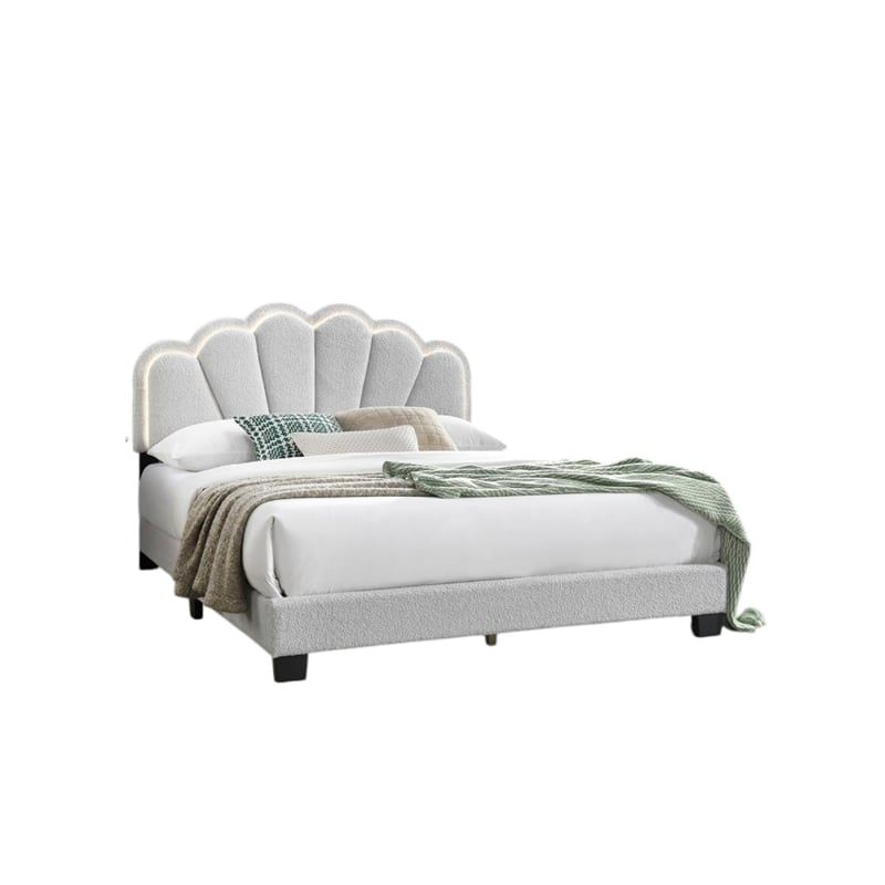 Geny Queen Size Bed- Classic White Wool Upholstery and LED- Glam Arch