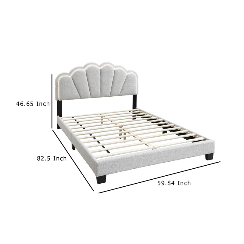Geny Queen Size Bed- Classic White Wool Upholstery and LED- Glam Arch
