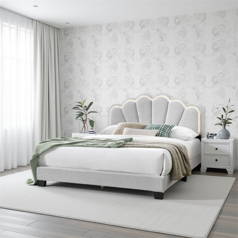 Geny Queen Size Bed- Classic White Wool Upholstery and LED- Glam Arch