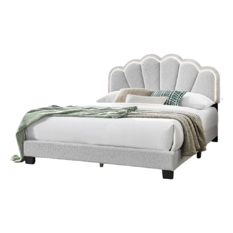 Geny Queen Size Bed- Classic White Wool Upholstery and LED- Glam Arch