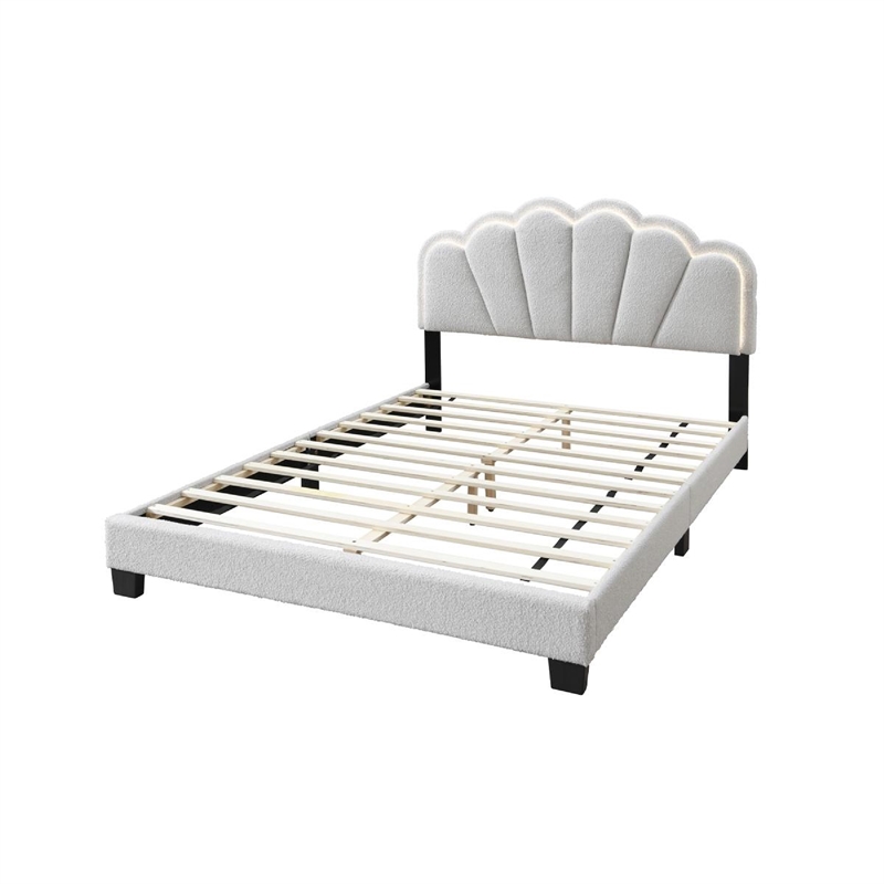 Geny Queen Size Bed- Classic White Wool Upholstery and LED- Glam Arch