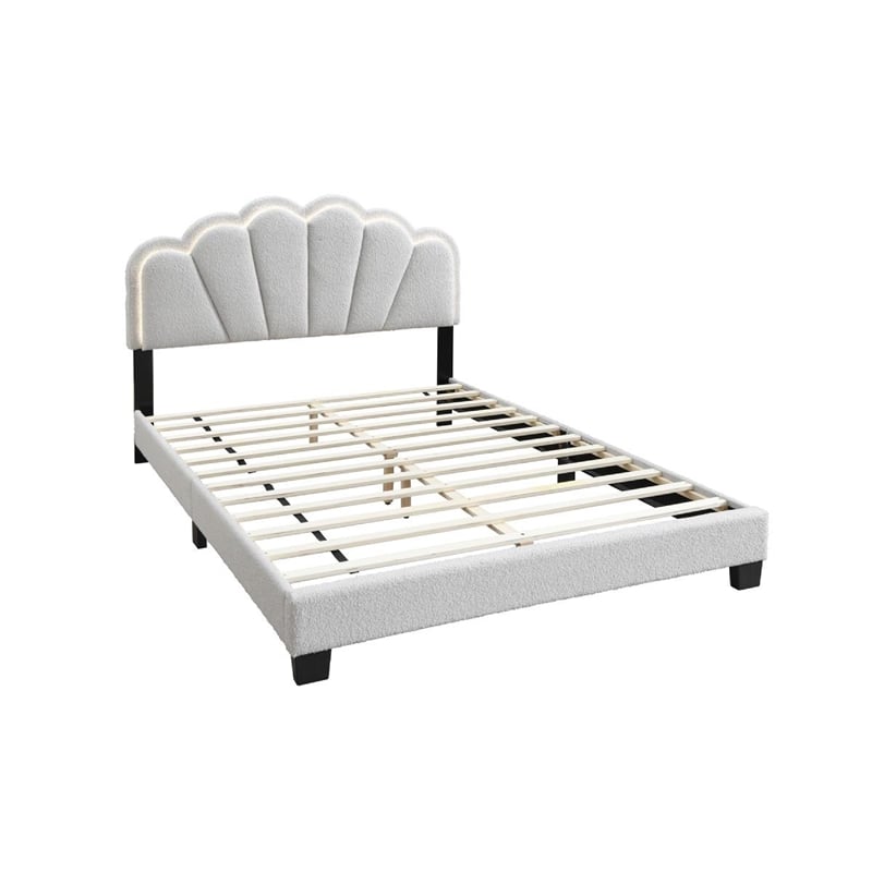 Geny Queen Size Bed- Classic White Wool Upholstery and LED- Glam Arch