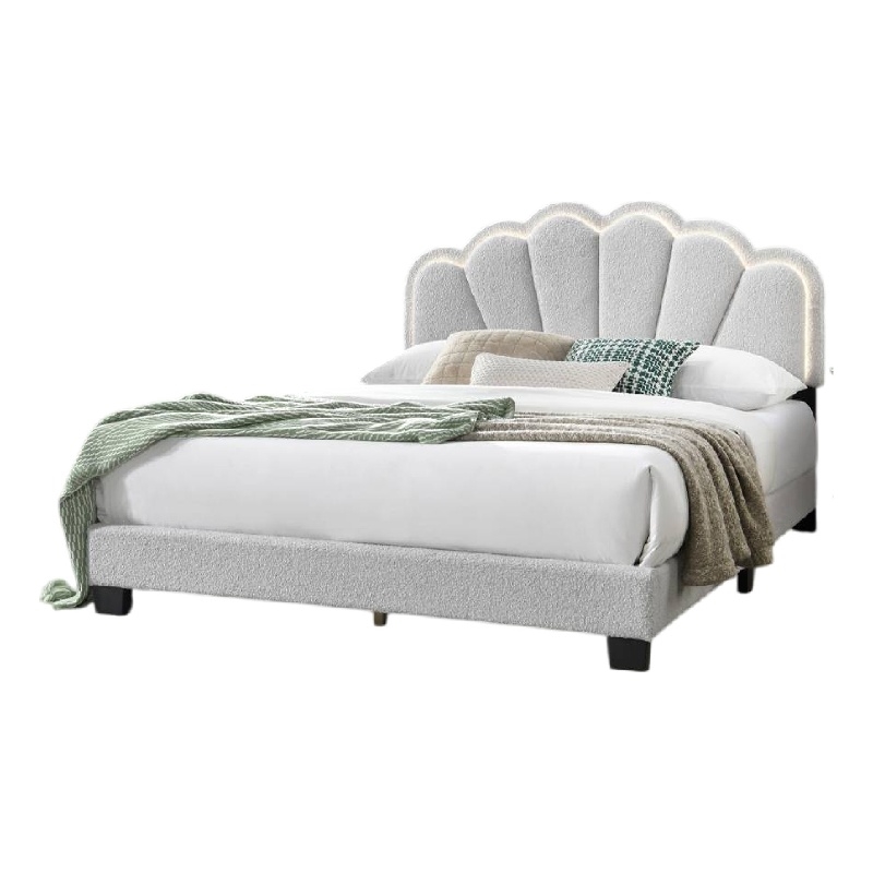 Geny Queen Size Bed- Classic White Wool Upholstery and LED- Glam Arch