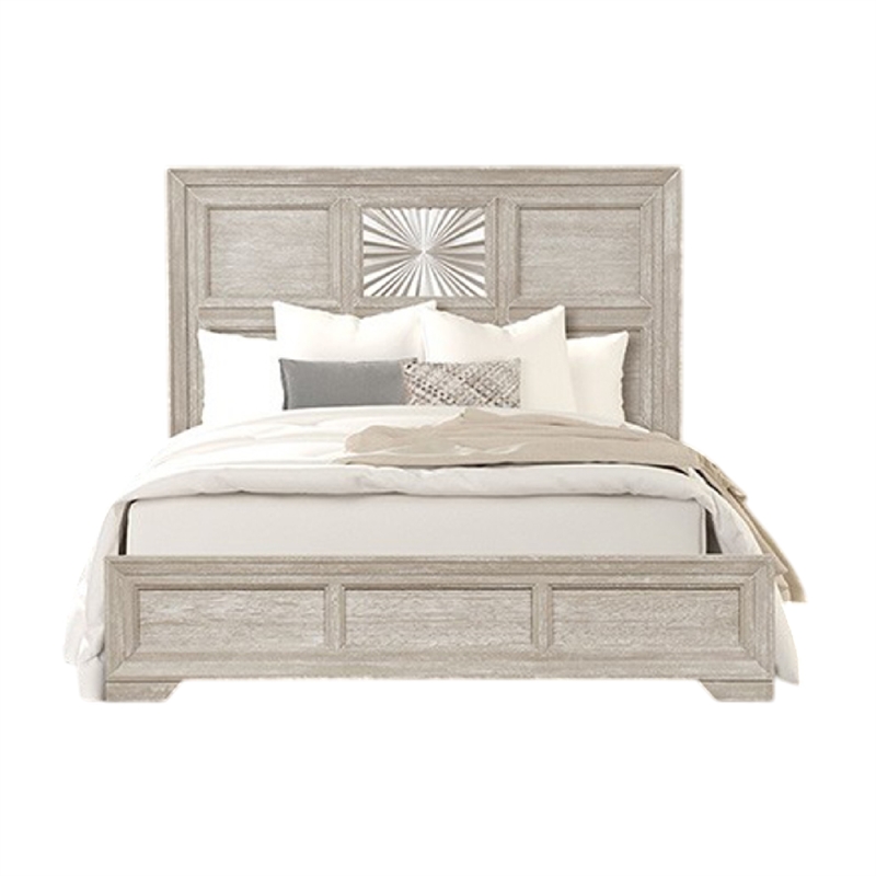 Diaz King Bed- Sunburst Pattern and Recessed Panel- Light Gray Wood