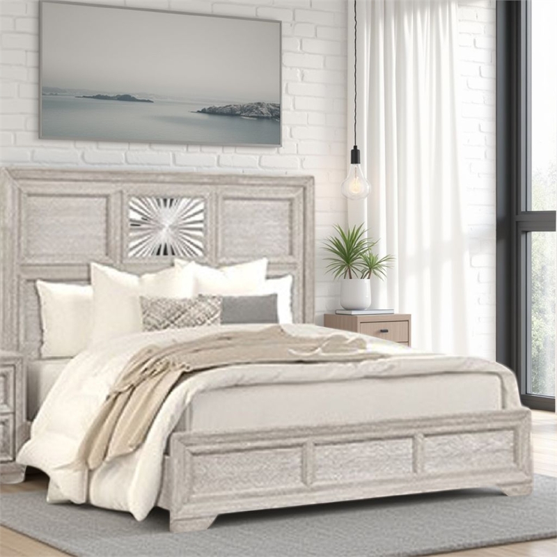 Diaz King Bed- Sunburst Pattern and Recessed Panel- Light Gray Wood