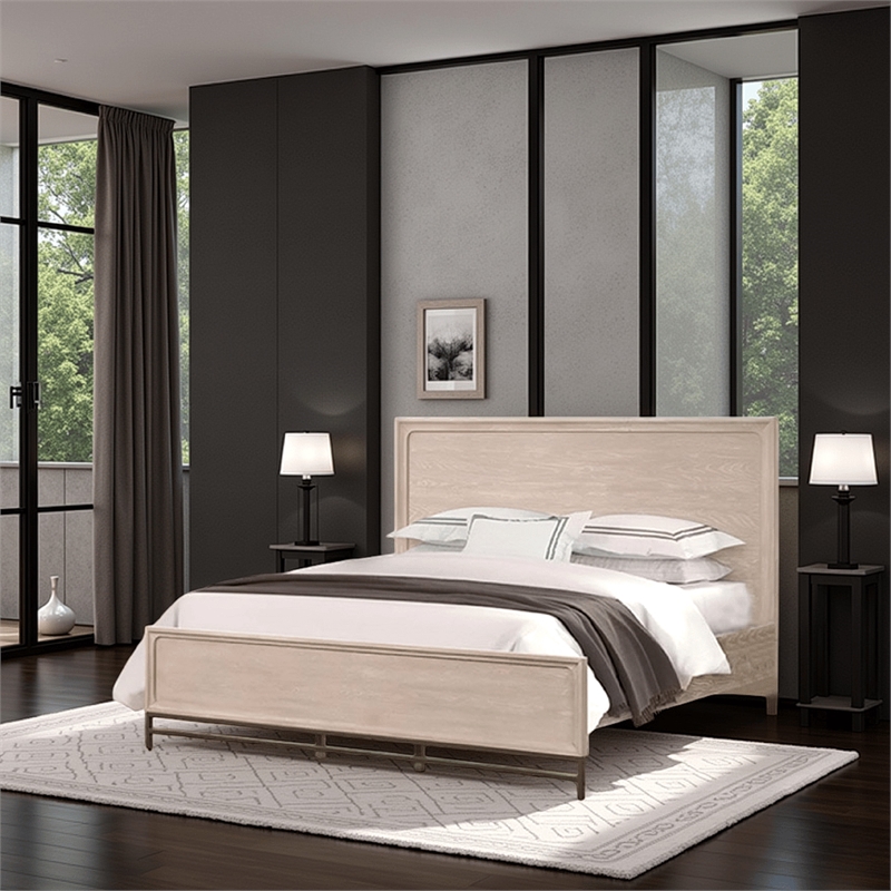 Rozie Queen Bed with Panel Style Headboard- Light Oak Brown Solid Wood