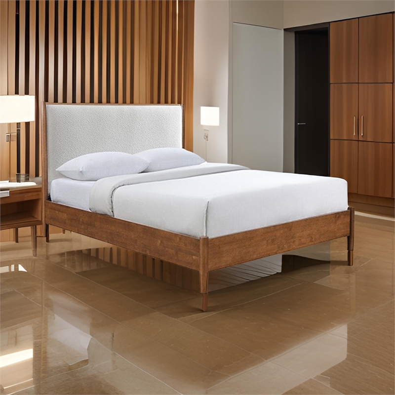 Carry Queen Bed- Beige Boucle Upholstered Headboard Walnut Brown Solid Wood