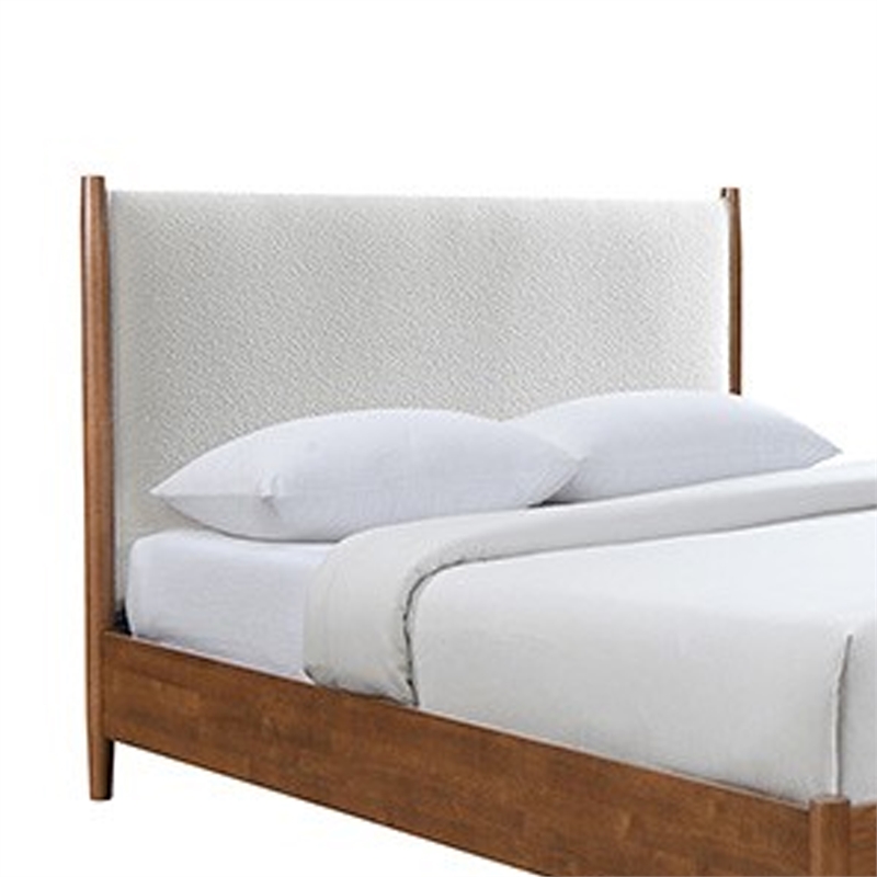Carry Queen Bed- Beige Boucle Upholstered Headboard Walnut Brown Solid Wood