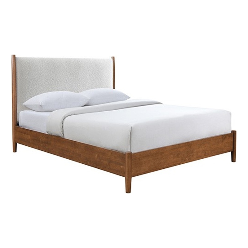 Carry Queen Bed- Beige Boucle Upholstered Headboard Walnut Brown Solid Wood