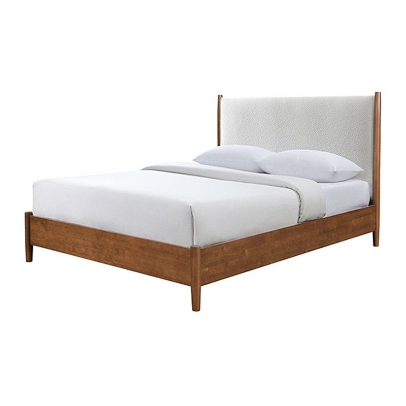 Carry Queen Bed- Beige Boucle Upholstered Headboard Walnut Brown Solid Wood