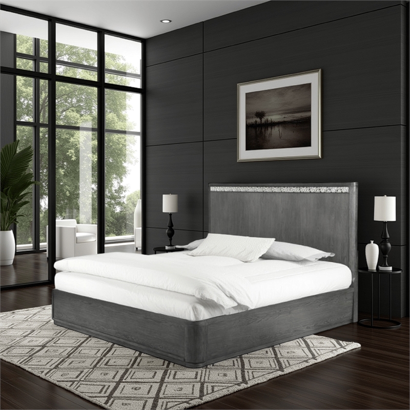 Zoko King Bed with Panel Style Headboard- Chrome- Ash Gray Solid Wood