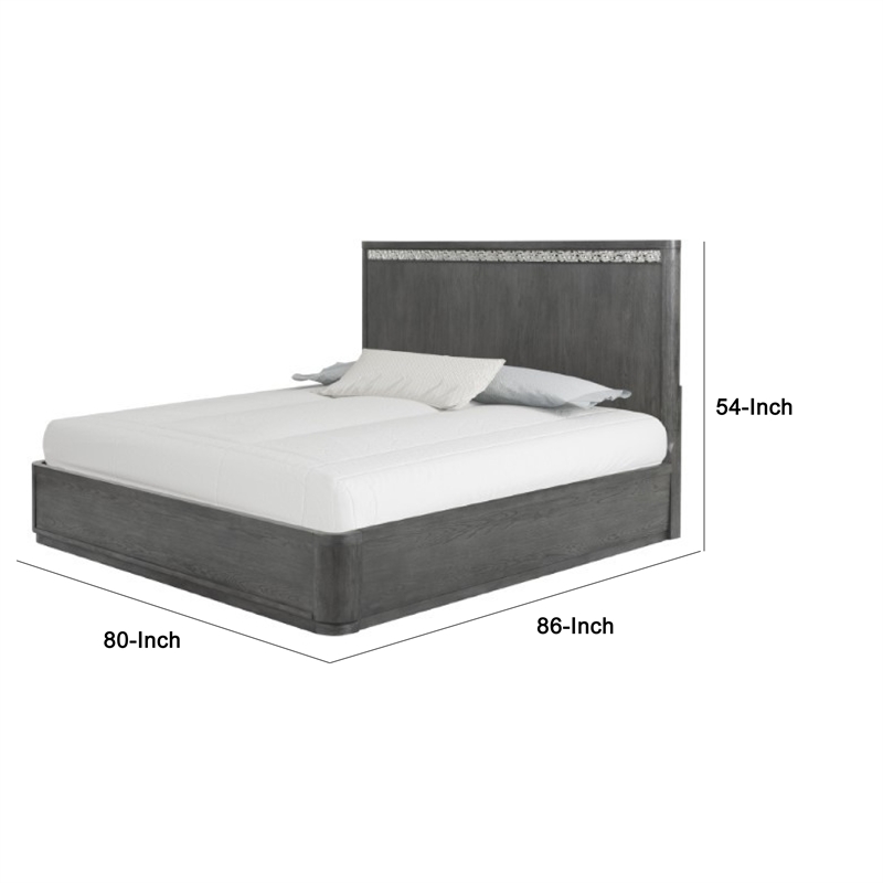 Zoko King Bed with Panel Style Headboard- Chrome- Ash Gray Solid Wood