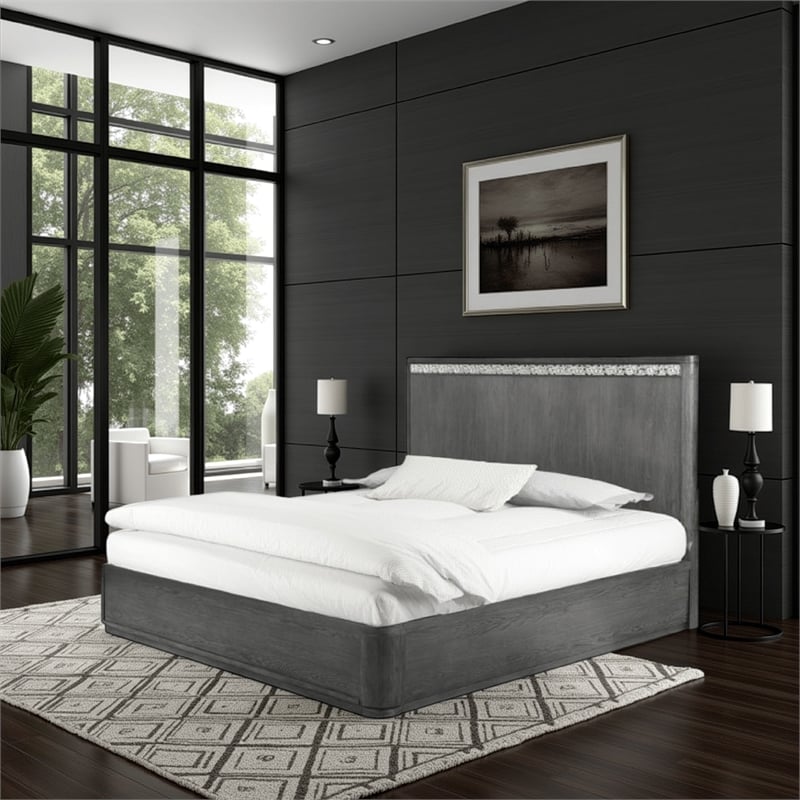 Zoko King Bed with Panel Style Headboard- Chrome- Ash Gray Solid Wood