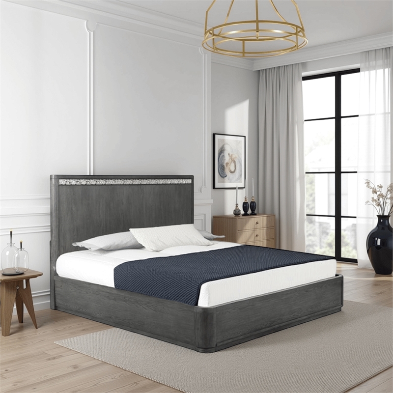Zoko Queen Bed with Panel Style Headboard- Ash Gray Solid Wood Frame