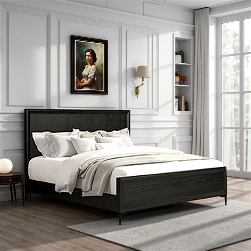 Kaira King Size Bed- Metal Accents- Espresso Brown Solid Rubberwood