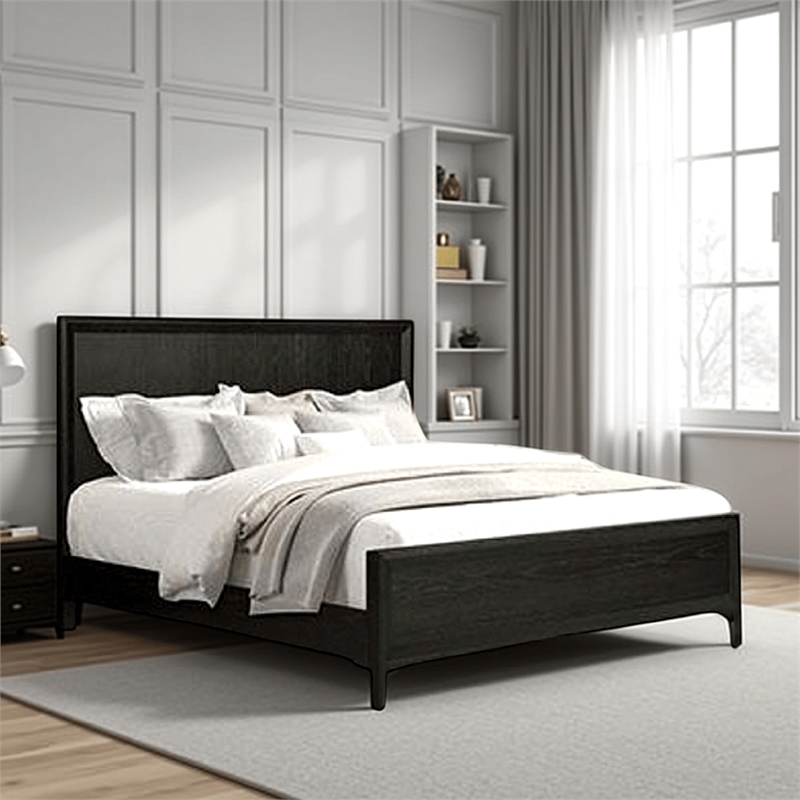 Kaira Queen Size Bed- Metal Accents- Espresso Brown Solid Rubberwood