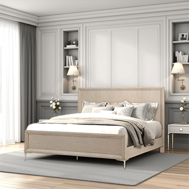 Kaira King Bed with Metal Accents- Natural Oak Brown Solid Rubberwood