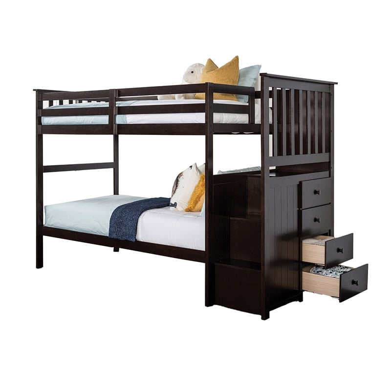 Riyo Twin Bunk Bed- Built in Storage Unit- Espresso Brown Solid Hardwood