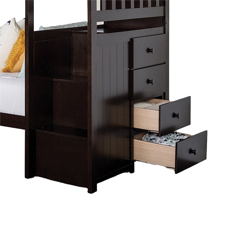 Riyo Twin Bunk Bed- Built in Storage Unit- Espresso Brown Solid Hardwood
