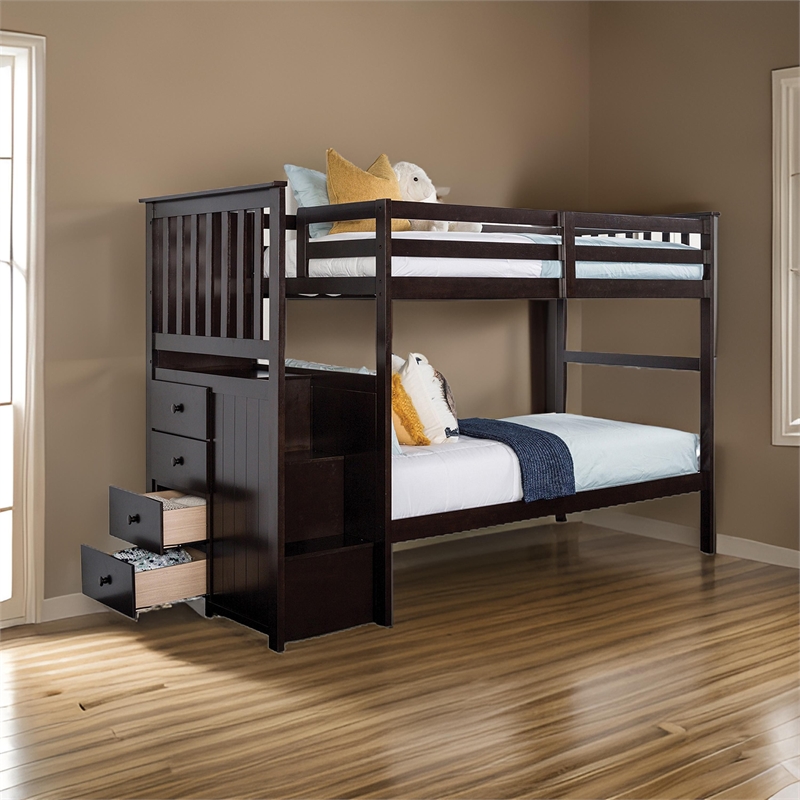 Riyo Twin Bunk Bed- Built in Storage Unit- Espresso Brown Solid Hardwood
