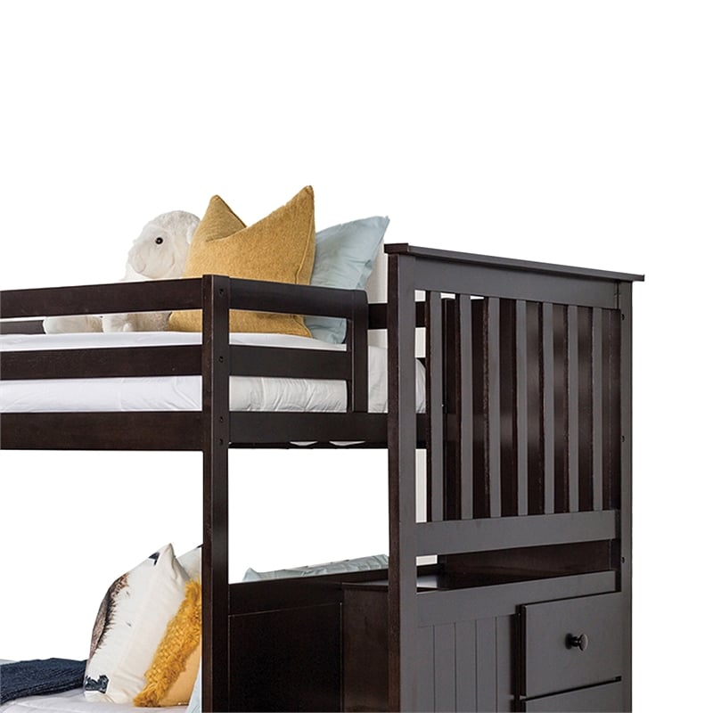 Riyo Twin Bunk Bed- Built in Storage Unit- Espresso Brown Solid Hardwood