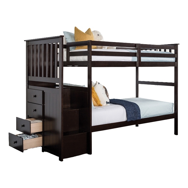 Riyo Twin Bunk Bed- Built in Storage Unit- Espresso Brown Solid Hardwood
