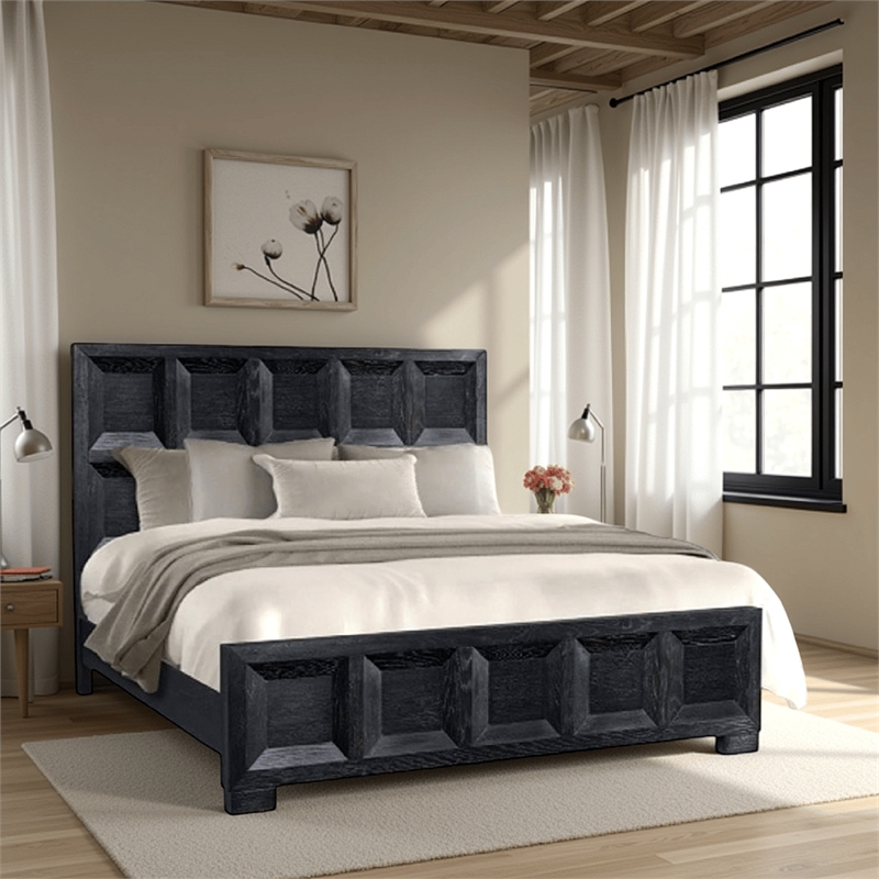 Kizie Queen Bed- Classic Recessed Panel- Weathered Black Solid Wood