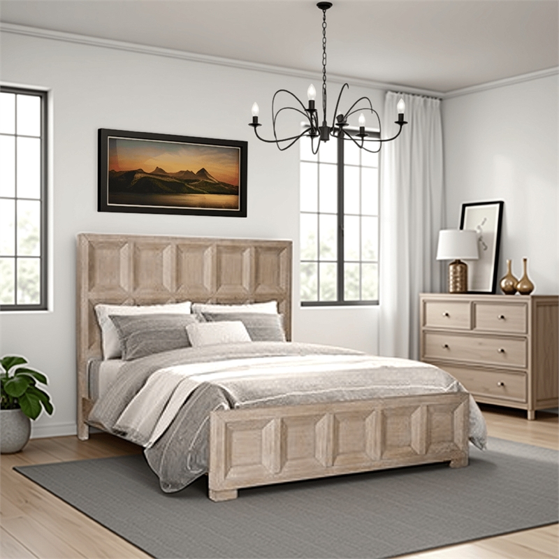 Kizie King Size Bed- Modern Classic Recessed Panels- Beige Solid Wood