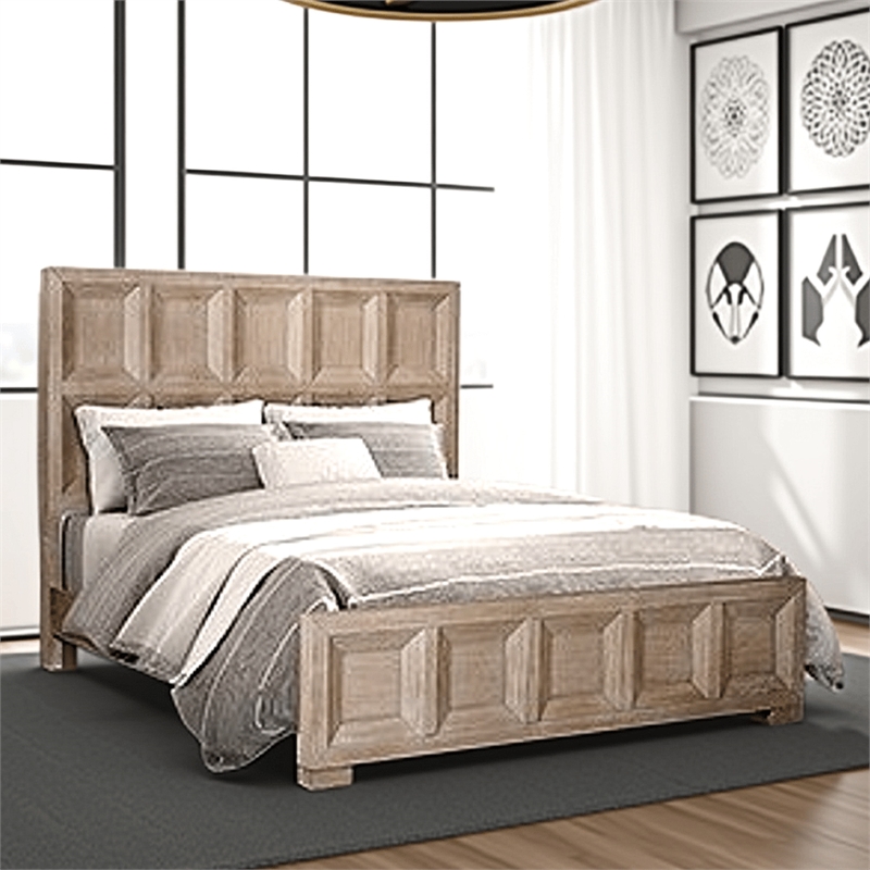 Kizie Queen Size Bed- Modern Classic Recessed Panels- Beige Solid Wood