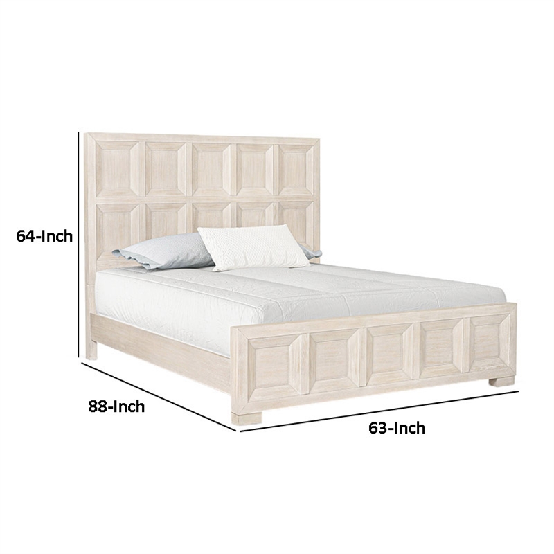 Kizie Queen Size Bed- Modern Classic Recessed Panels- Beige Solid Wood