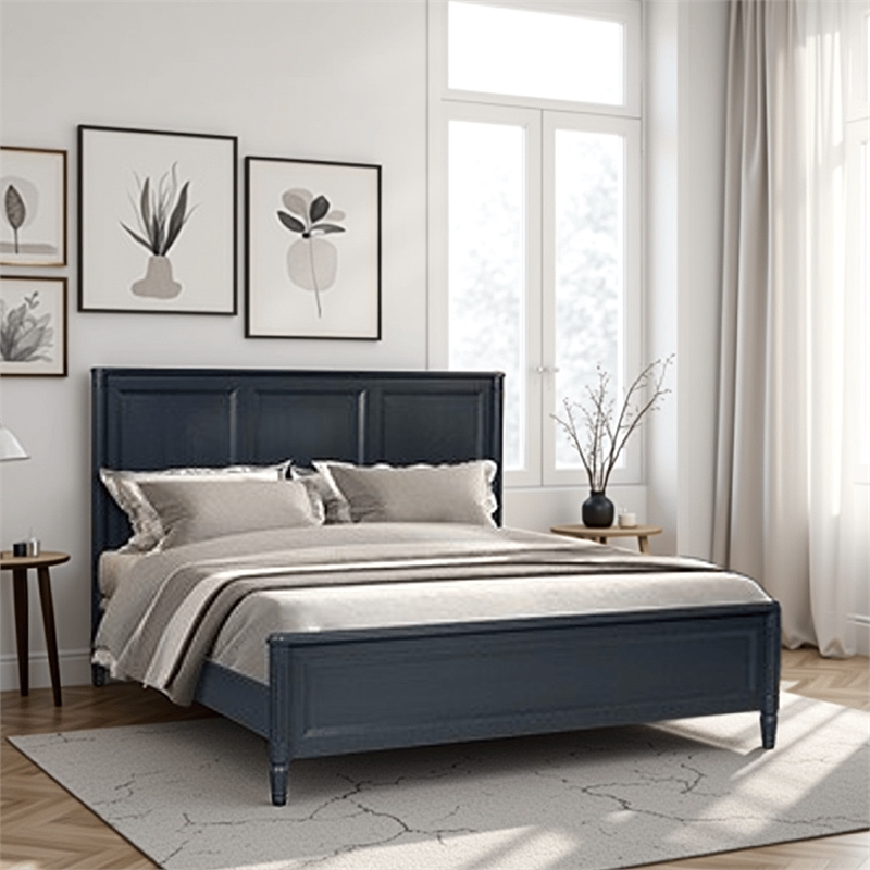 Alta King Size Bed- Classic French Design- Malta Blue Solid Wood Frame
