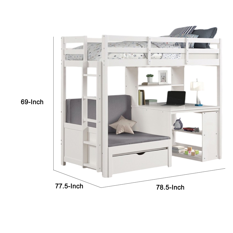 Sirius Twin Loft Bed- Bookcase and Desk- Shelf Unit- White Pine Wood