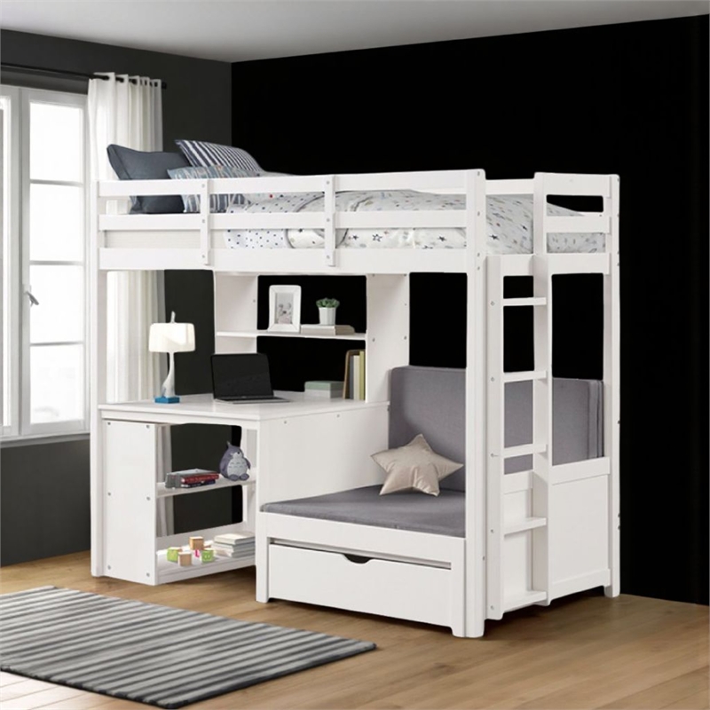 Sirius Twin Loft Bed- Bookcase and Desk- Shelf Unit- White Pine Wood