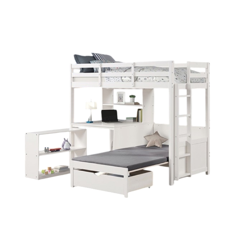Sirius Twin Loft Bed- Bookcase and Desk- Shelf Unit- White Pine Wood